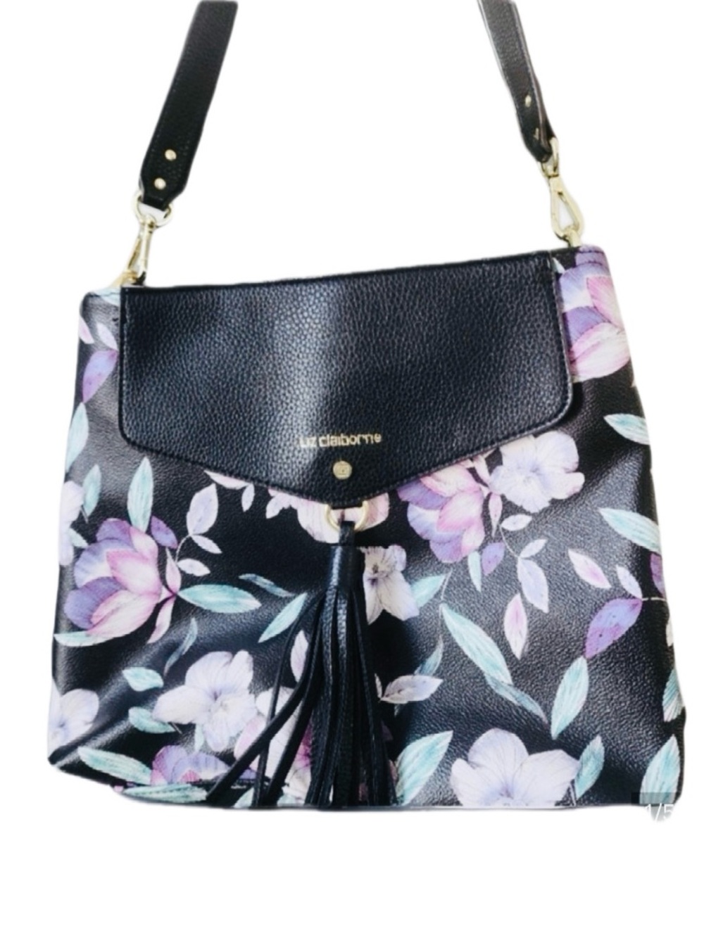 Liz Claiborne Black Floral Tassel Shoulder Bag with Pastel Blooms